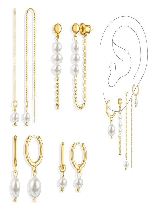 Moodear Pearl Dangle Earrings for Women - Dainty 14k Gold Plated Small Drop Hoop Chain Earring Stacks Hypoallergenic Trendy Cartilage Earring No Tarnish Jewelry - Image 1